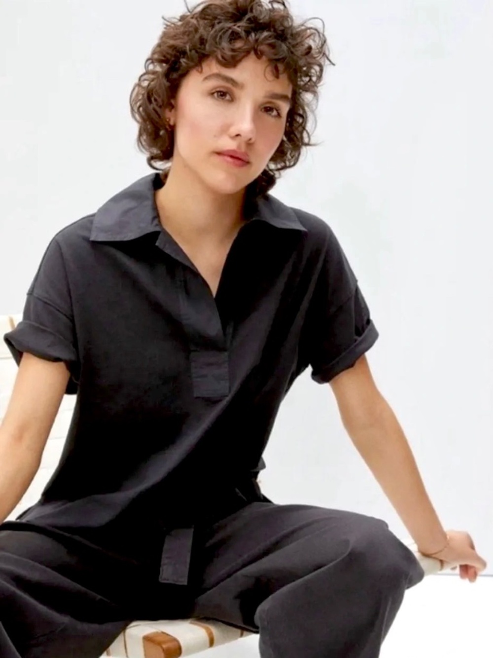 EVERLANE Black Knit/Poplin Polo Shirt - S